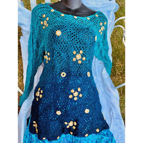 VINTAGE DIP DYE OMBRE MIRRORED CELESTIAL CROCHET COTTON SWEATER TINY PEARLS - Picture 1 of 8
